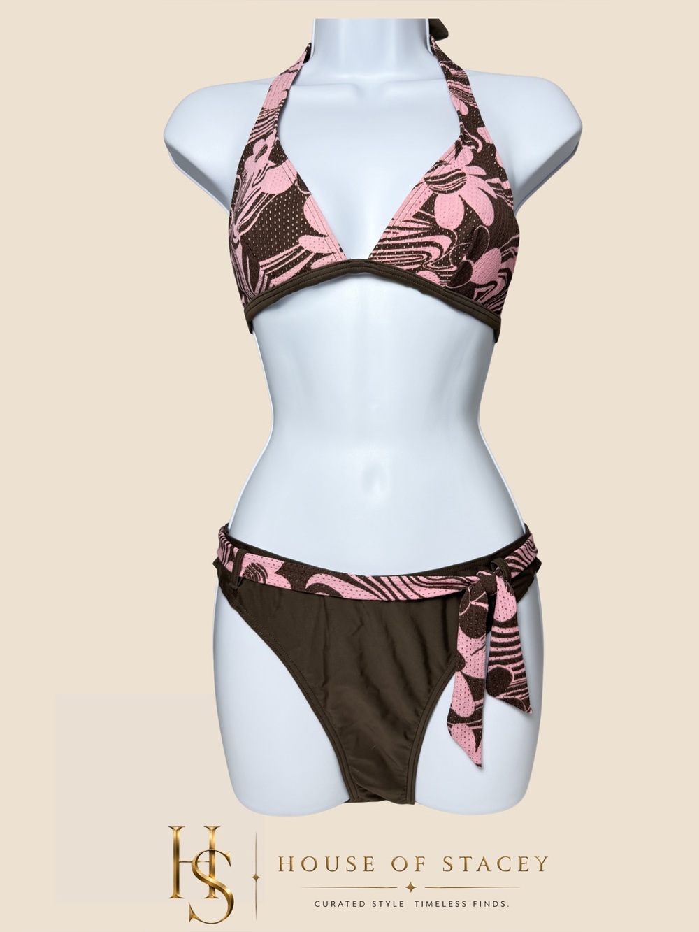 Brown Pink Halter Bikini Set Size M/L Tie Side Retro Floral Swim